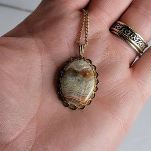 Vintage Crazy Lace Agate Necklace Gold Tone